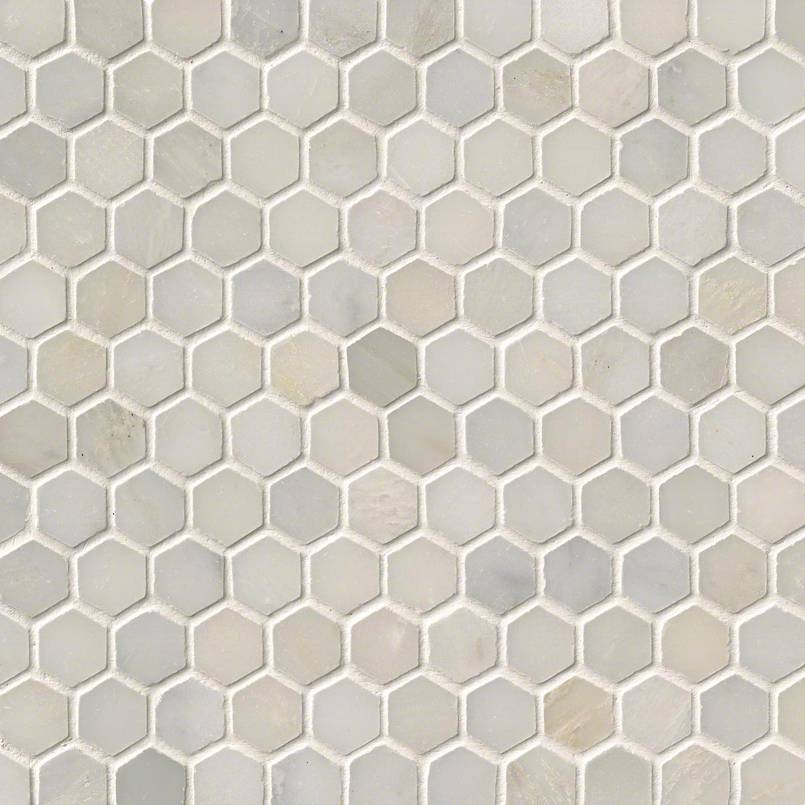 GREECIAN WHITE 1" HEXAGON POLISHED IN A MESH